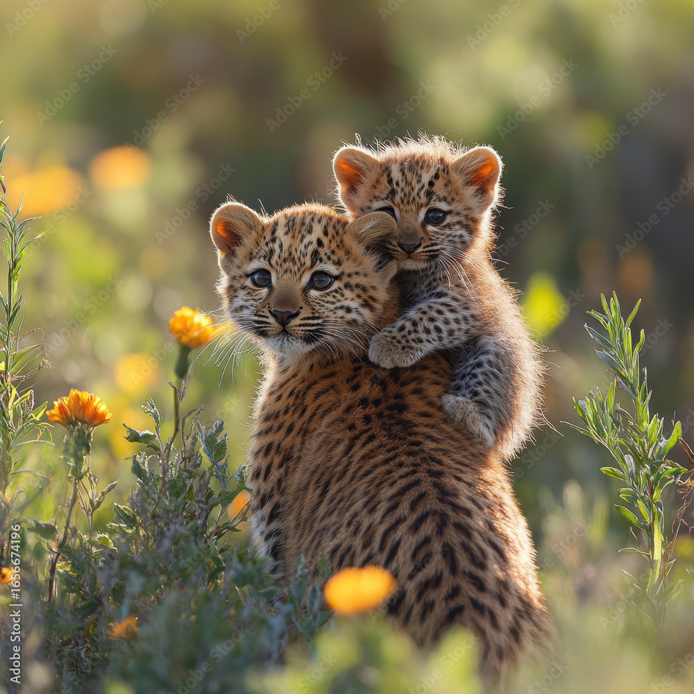 Obraz premium cheetah cubs playing in the wild.