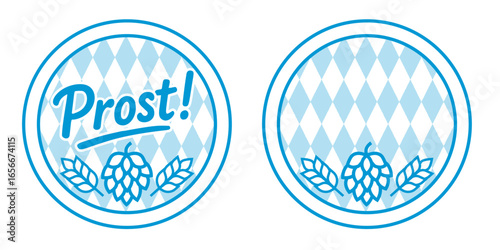Oktoberfest beer coaster design with Bavarian diamond pattern hops emblem prost lettering and blank round badge template for brewery branding festival decor German Munich blue white check pattern