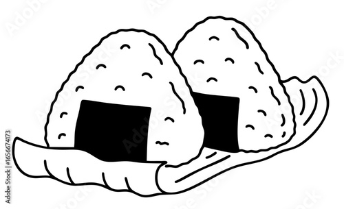 Japanese onigiri rice balls with nori seaweed, traditional triangular sushi snack with umeboshi, salmon, tuna, chicken or seaweed filling of Asian cuisine