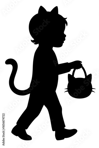 Silhouette of a child in a black cat costume: pointed ears rising above the head, long tail swaying behind, small bucket shaped like a kitten face clutched in hand — wandering from door to door on Hal