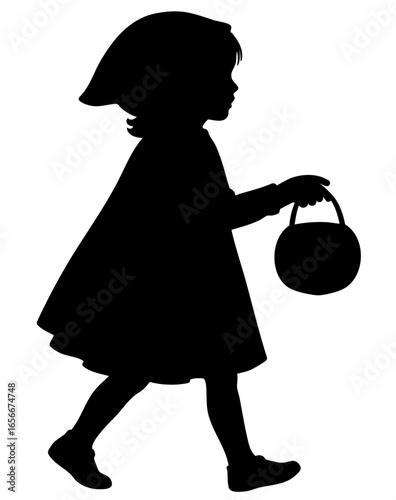 ilhouette of a child in a Little Red Riding Hood costume: cloak flowing like a shadow in the night, hood pulled low over the face, pumpkin bucket for candy swinging gently in her hand — wandering from