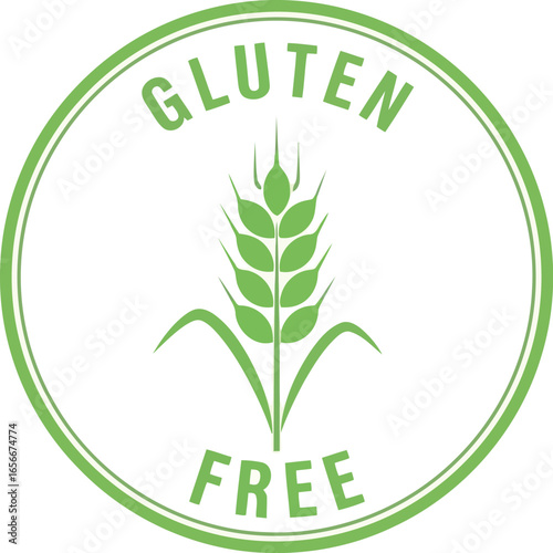 Green circular stamp with the words gluten free and a stylized wheat stalk symbolizing healthy food options