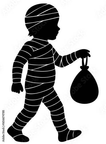 Silhouette of a child in a mummy costume: body wrapped tightly in ancient bandages, carrying a sack of treasures as if looted from forgotten tombs, evoking the chilling mystery of pharaohs’ curses and