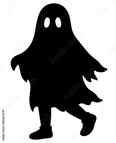 Silhouette of a child dressed as a ghost: white sheet flowing like tattered mist, hollow eye holes glowing with emptiness, footsteps echoing in the darkness while wandering from door to door on Hallow