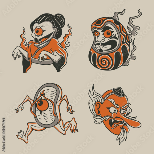 Japanese Yokai and Lucky Charm Set Cartoon