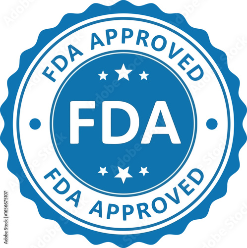 Official blue circular seal with the text fda approved prominently displayed signifying regulatory compliance and quality assurance for products