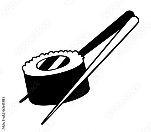 hosomaki sushi roll with chopsticks — classic Japanese maki roll wrapped in nori with rice and filling inside