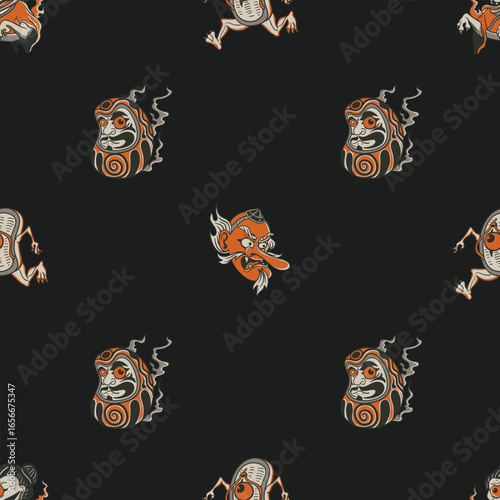Japanese Yokai and Lucky Charm Seamless pattern