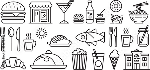 A Collection of Food and Drink Icons: Burgers, Coffee, Fish, and More