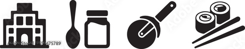 Collection of Icons: Building, Spoon, Jar, Pizza Cutter, and Sushi with Chopsticks