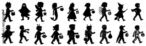 Halloween kids silhouettes in costumes of cat, ghost, mermaid, princess, fairy, witch, superhero, zombie, insect, Dracula, devil, Frankenstein and clown with trick or treat candy buckets and lanterns