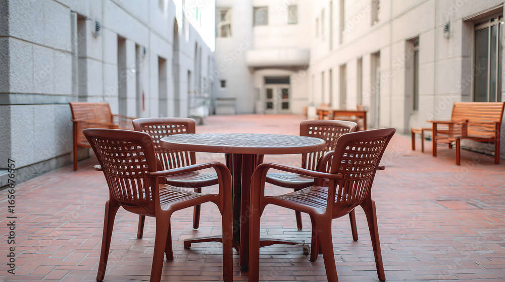 Obraz premium Ensemble de mobilier de jardin en plastique dans une cour ensoleillée d’un immeuble moderne.