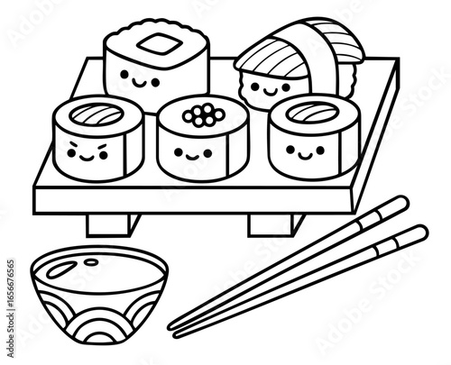 Cute kawaii sushi set with maki rolls, nigiri with fish, and caviar sushi served on wooden tray with chopsticks and bowl, traditional Japanese food