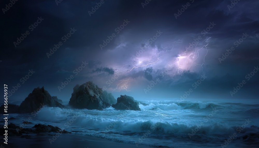 Naklejka premium Thunderstorm at Sea, Dark Clouds and Turbulent Waves Hitting Rocks