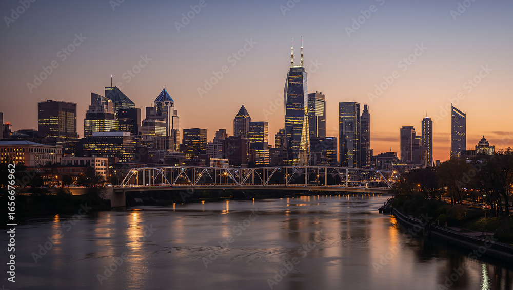 Fototapeta premium City Skyline at Sunset with Beautiful Reflections on Water