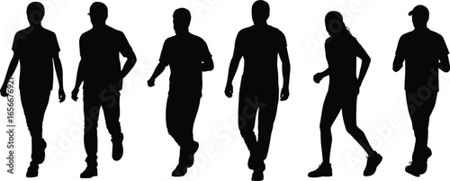Black silhouettes of diverse people walking in various poses and outfits, showcasing motion, style variation, and human gait for design