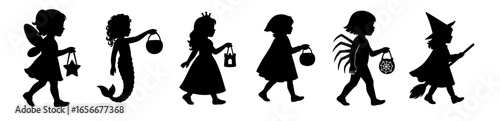 Silhouettes of girls in fantasy costumes — fairy with star bag, mermaid with basket, princess with lantern, RED RIDING HOOD, spider girl with web, and witch with pointed hat — walking on Halloween nig