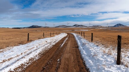 Papier peint photo Le salon Snowy dirt road winds through a golden prairie landscape with wind turbines in the distance  © Khfd