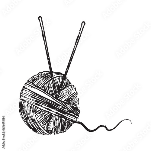 Wool yarn ball with two needles in black brush stroke texture isolated on white. Concept of knitting. Hobby, hand made clothes. Hand drawn vector sketch illustration in vintage charcoal ink