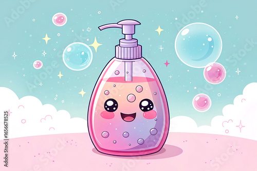 Cute pastel soap bottle with bubbly kawaii cartoon face design