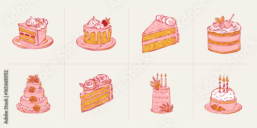 Set of minimalist vector illustrations of cakes and desserts. Hand-drawn line art in modern style, stylish sweet design elements on light background.