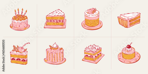 Set of minimalist vector illustrations of cakes and desserts. Hand-drawn line art in modern style, stylish sweet design elements on light background.