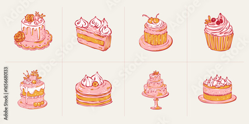 Set of minimalist vector illustrations of cakes and desserts. Hand-drawn line art in modern style, stylish sweet design elements on light background.