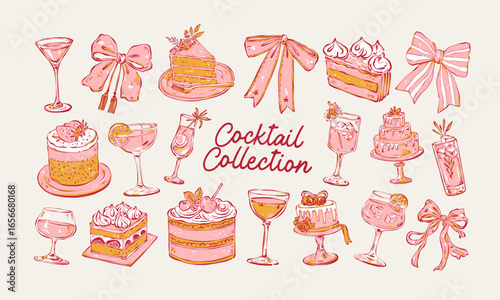 Set of minimalist vector illustrations: cakes, desserts, cocktails, and bows. Hand-drawn line art in modern style on a light background.