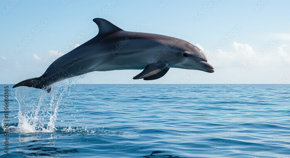 Naklejka premium A dolphin leaps out of the ocean water with a clear blue sky in the background on a sunny day time