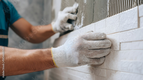 Pose de carreaux en céramique sur un mur, travail de finition à l'intérieur d'une maison en rénovation.