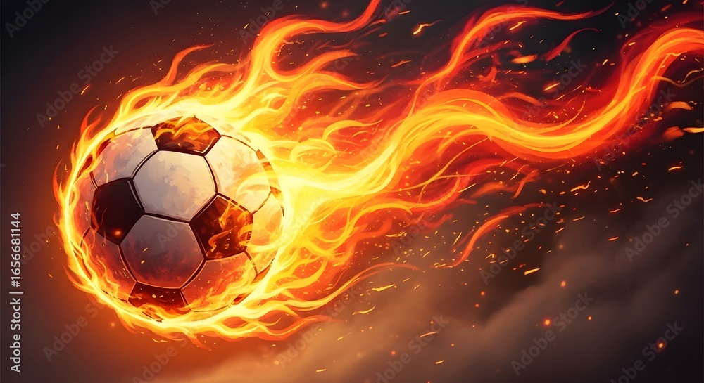 Naklejka premium Igniting Passion Aflaming Soccer Ball Blazes Across ADark Sky Its Fiery Trail Leaves An Unforgettable Mark Apowerful Image Of Speed And Intense Competition