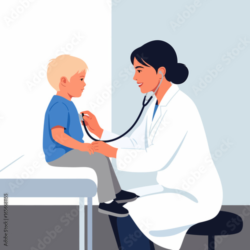 Female Doctor Examining a Blonde Boy's Back with a Stethoscope.