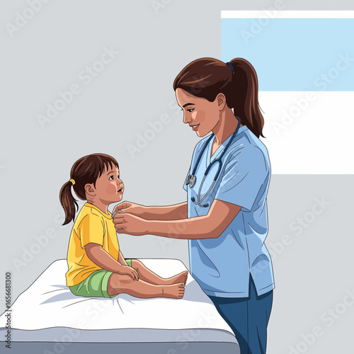 Doctor Examining a Sick Child Patient in a Hospital Bed