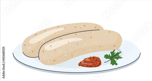 Traditional Bavarian weisswurst sausages with sweet mustard and parsley on plate German cuisine specialty Oktoberfest food Munich sausage meal illustration authentic Bavarian breakfast dish cultural