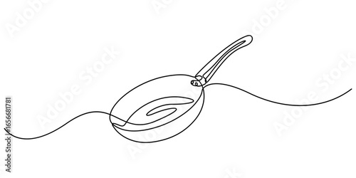 Pan kitchen continuous line drawing. Continuous single line drawing pan kitchen, One line of teflon. Abstract minimal continuous line, minimalist continuous one line drawing illustration of a pan fri.