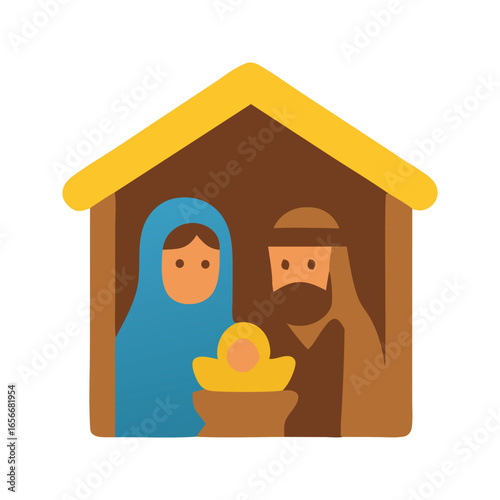 Nativity scene featuring mary, joseph, and baby jesus, suitable for christmasthemed designs, religious publications, and holiday greeting cards.