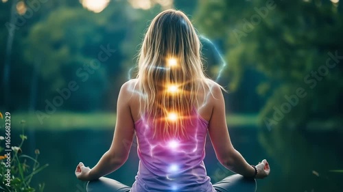 Woman meditating with glowing energy aura by serene lake in nature  