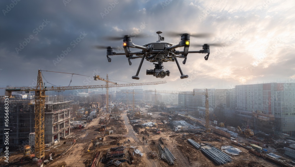 Fototapeta premium Drone surveying a construction site at dawn