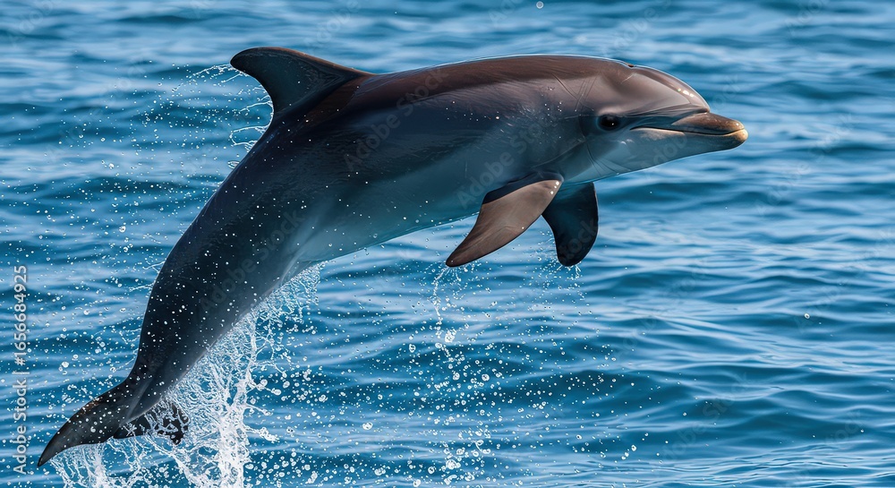 Fototapeta premium A dolphin leaps from the ocean with water droplets surrounding it in a clear blue sea background