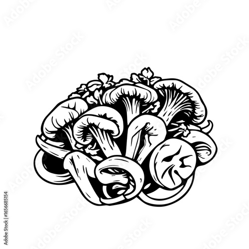 Elegant Artistic Rendering Of Varied Edible Fungi In Bold Black And White Stylized Illustration
