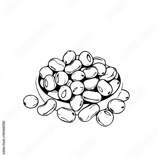 Hand Drawn Sketch Of A Bowl Full Of White Beans Isolated On Plain Background Illustration