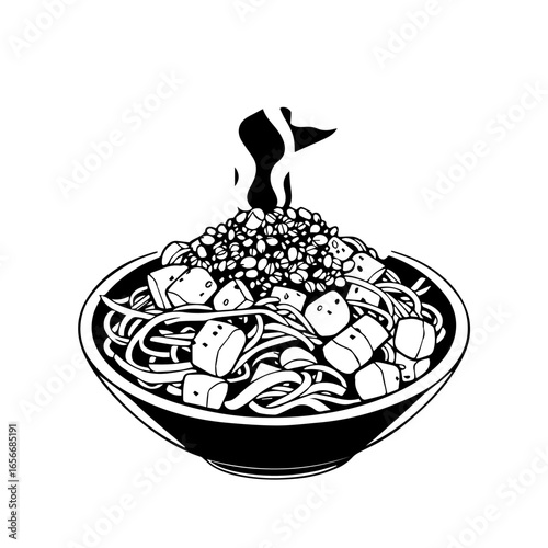 Steaming Bowl Of Delicious Tofu Noodle Dish With Lentils Expressive Black And White Line Art Style