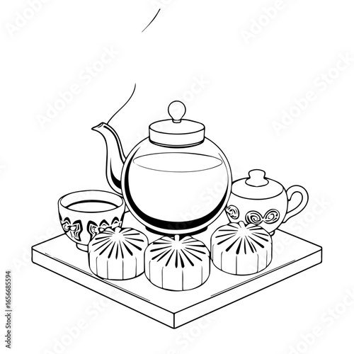 Steaming Teapot And Dim Sum Treats Arranged Nicely On A Serving Tray Illustration In Monochrome Scheme