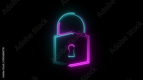 A vibrant neon lock icon glowing in electric blue, symbolizing security and privacy, with a sleek modern design, radiating digital protection in a futuristic style.
