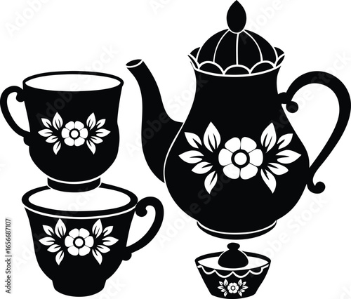 British tea set with elegant floral porcelain cups design Vector illustration