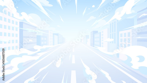 スピード感のあるビル街の中の道路の風景イラスト_明るい_16:9