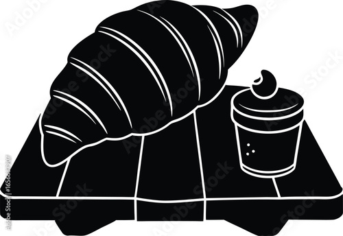 Freshly baked croissant with butter and jam serving Vector illustration