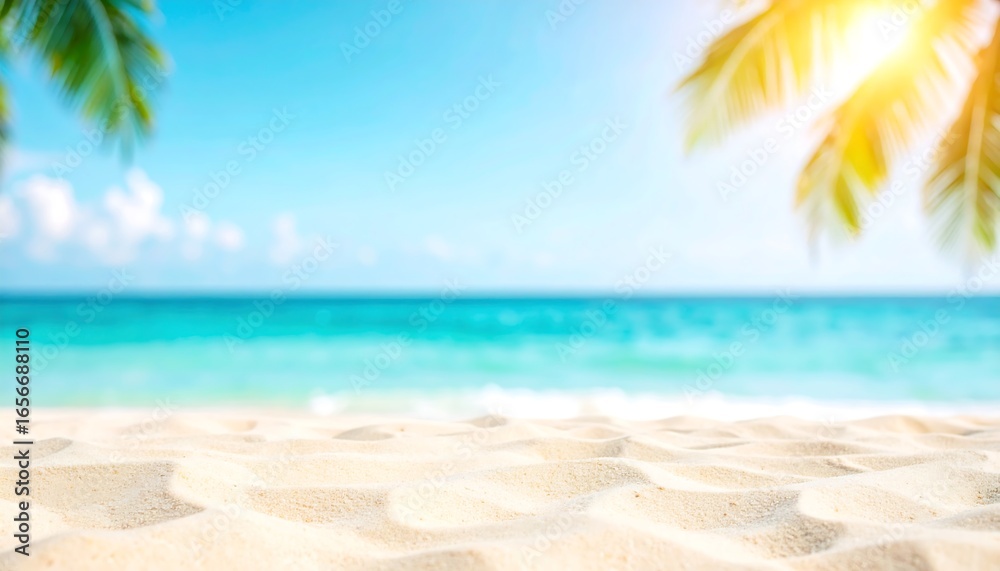 Fototapeta premium Serene beach scenery with palm trees in summer, Relaxing tropical paradise at sea with turquoise water and white sand, perfect for vacation