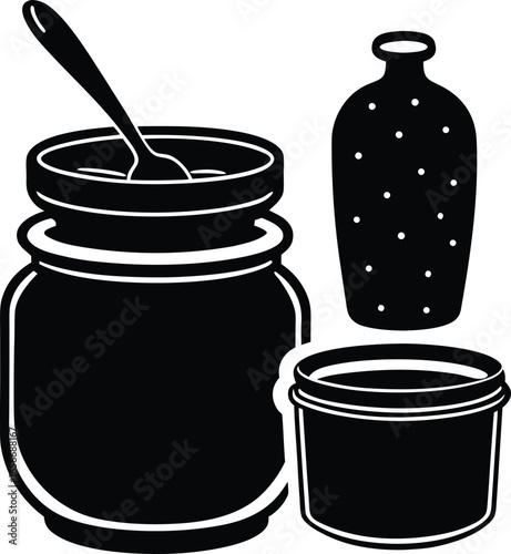 Homemade jam setup with jars spoon and cooking pot Vector illustration