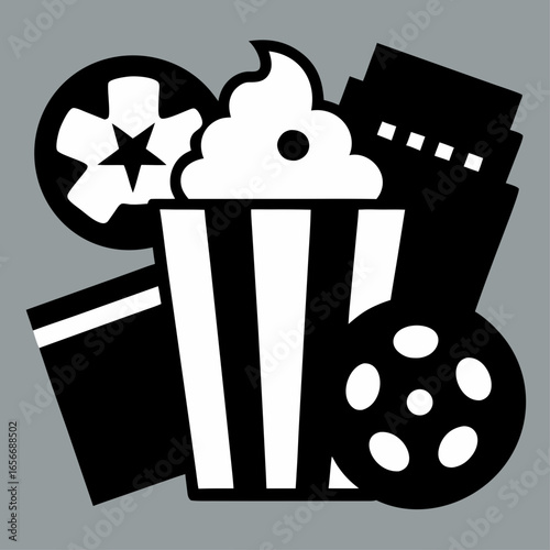 Set of Cinema Icons with Popcorn, Movie Elements Vector Illustration